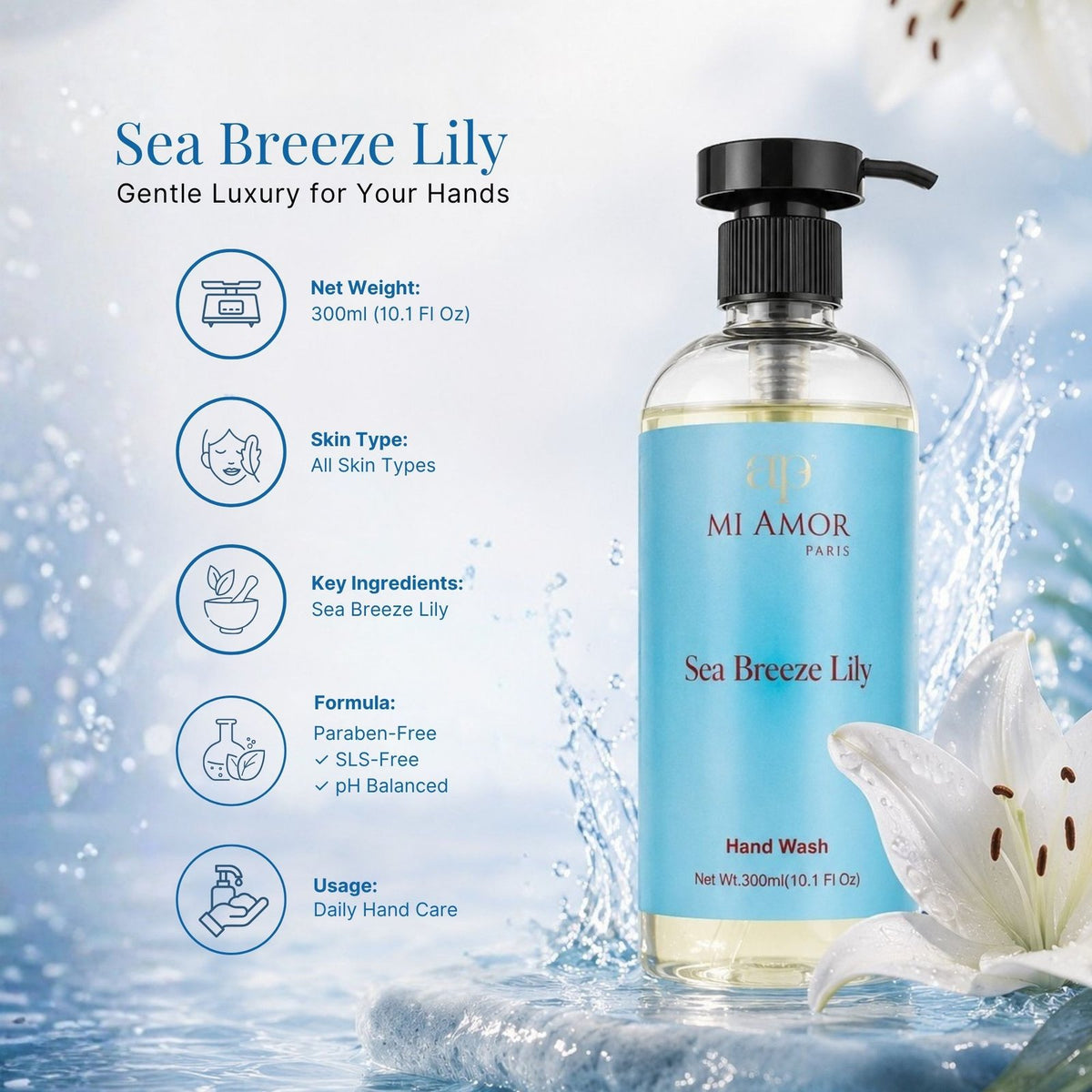 Sea Breeze Lily Moisturising Liquid Hand Wash | Premium Foaming Hand Soap | Long-Lasting Fresh Fragrance | Gentle Hand Wash for Sensitive Skin | Liquid Hand Soap for Kitchen & Bathroom | 300 ml