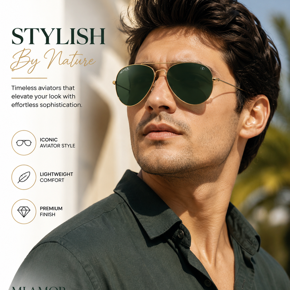 Golden Green Aviator Sunglasses for Men & Women – UV Protected Green Lens, Metal Frame, Stylish Sunglasses