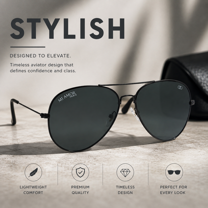 Grey Black Aviator Sunglasses for Men & Women – UV Protected Grey Lens, Metal Frame, Stylish Sunglasses