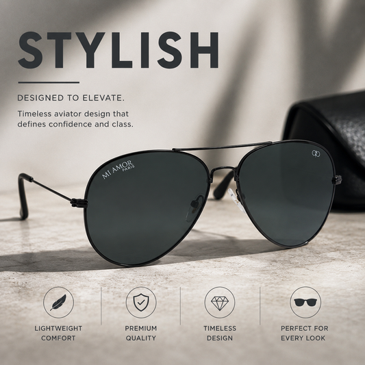 Grey Black Aviator Sunglasses for Men & Women – UV Protected Grey Lens, Metal Frame, Stylish Sunglasses