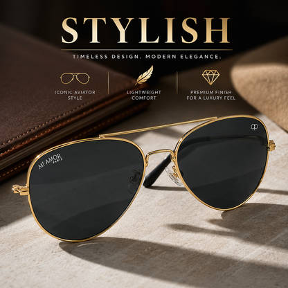 Golden Black Aviator Sunglasses for Men & Women – UV Protected Black Lens, Metal Frame, Stylish Sunglasses