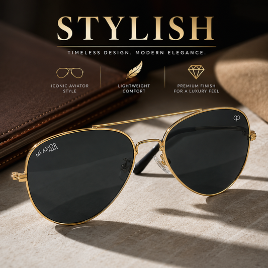 Golden Black Aviator Sunglasses for Men & Women – UV Protected Black Lens, Metal Frame, Stylish Sunglasses