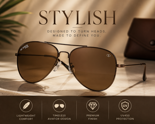 Brown Aviator Sunglasses for Men & Women – UV Protected Brown Lens, Lightweight Metal Frame, Stylish Sunglasses