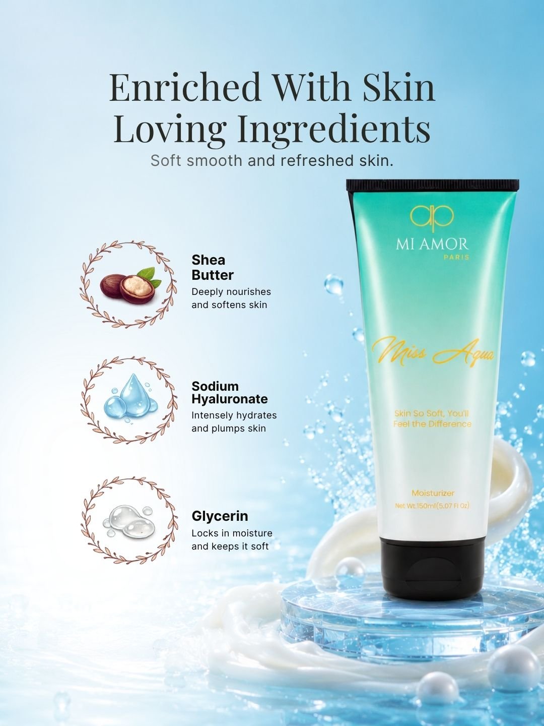 MI AMOR PARIS Miss Aqua Face, Body & Hand Moisturizing Cream for Women | Long-Lasting Hydration with Shea Butter & Glycerin (150ml)