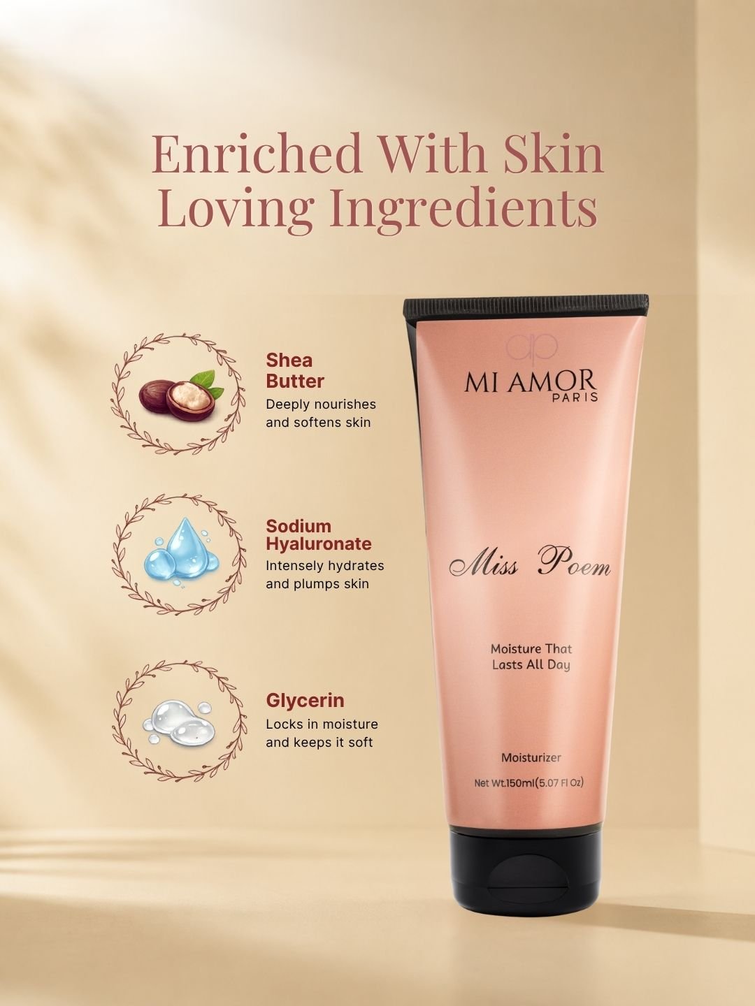 MI AMOR PARIS Miss Poem Women Face, Body & Hand Moisturizing Cream – Daily Hydration with Shea Butter & Glycerin (150ml)