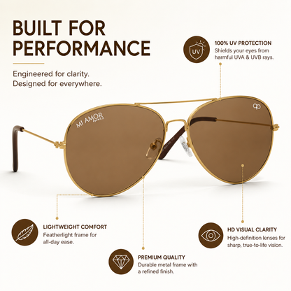 Golden Brown Aviator Sunglasses for Men & Women – UV Protected Brown Lens, Metal Frame, Stylish Sunglasses