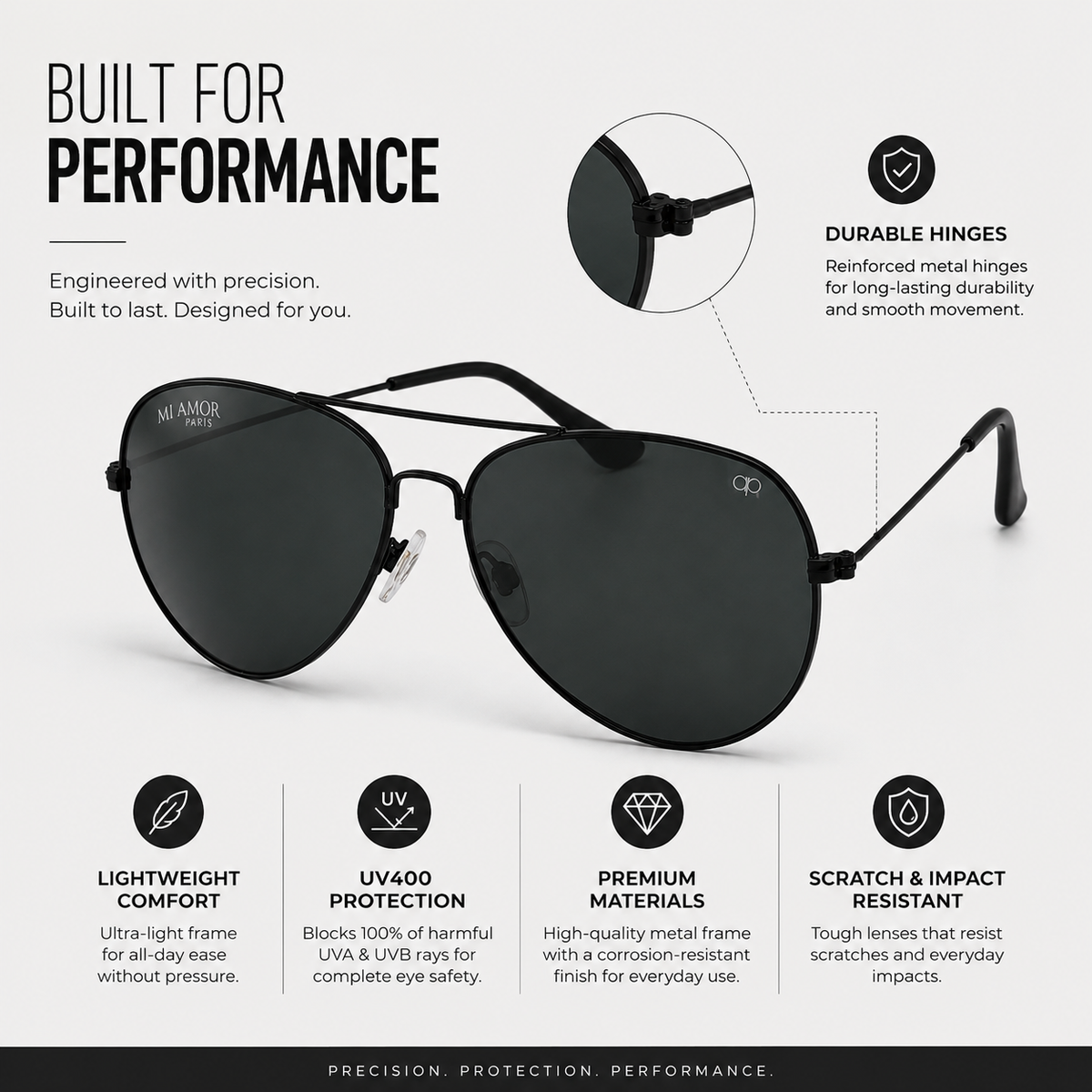 Black Aviator Sunglasses for Men & Women – UV Protected Black Lens, Metal Frame, Stylish Sunglasses