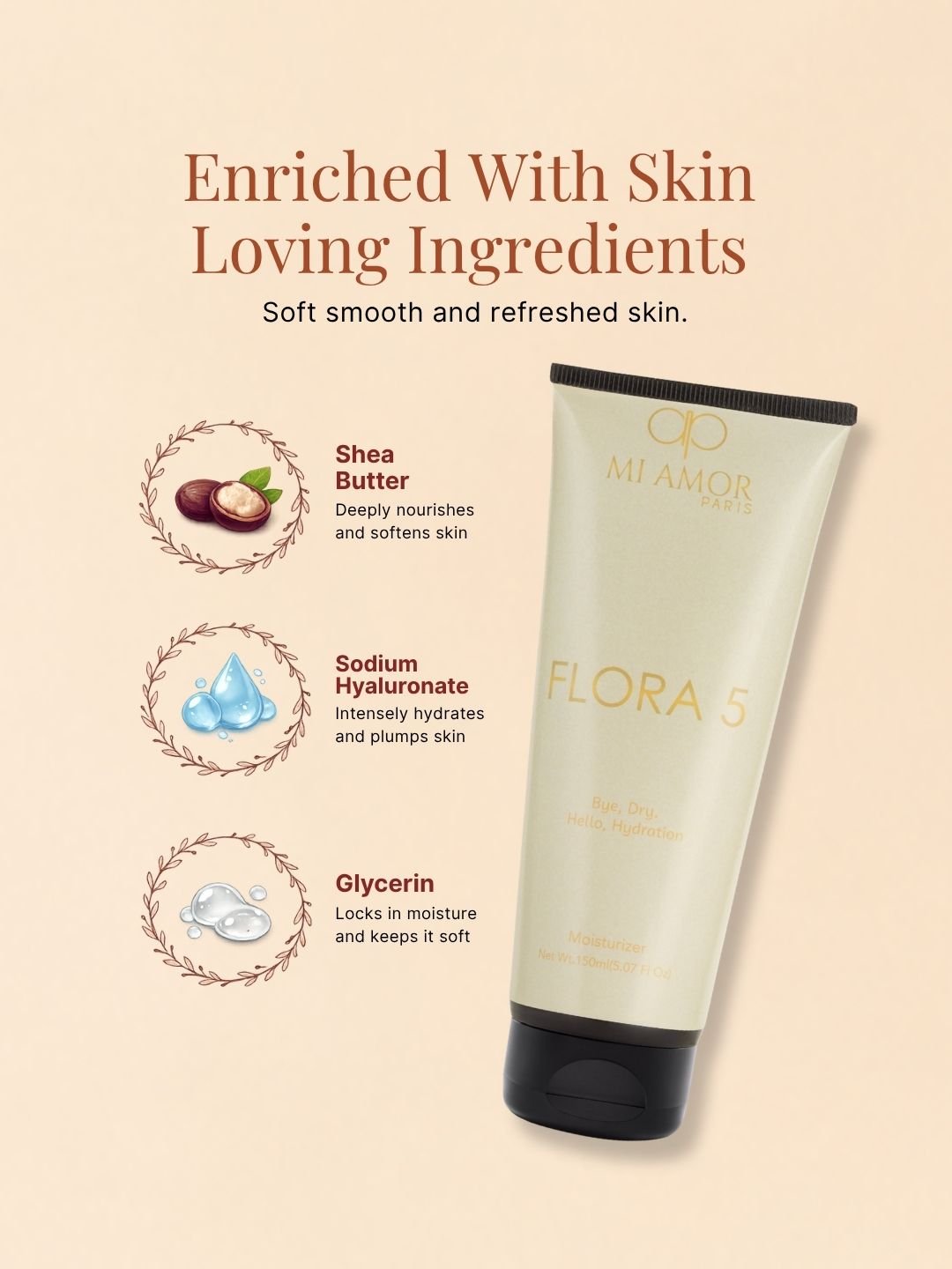 MI AMOR PARIS Flora 5 Women Moisturizing Cream | Lightweight Face, Body & Hand Cream with Shea Butter & Glycerin | 150ml