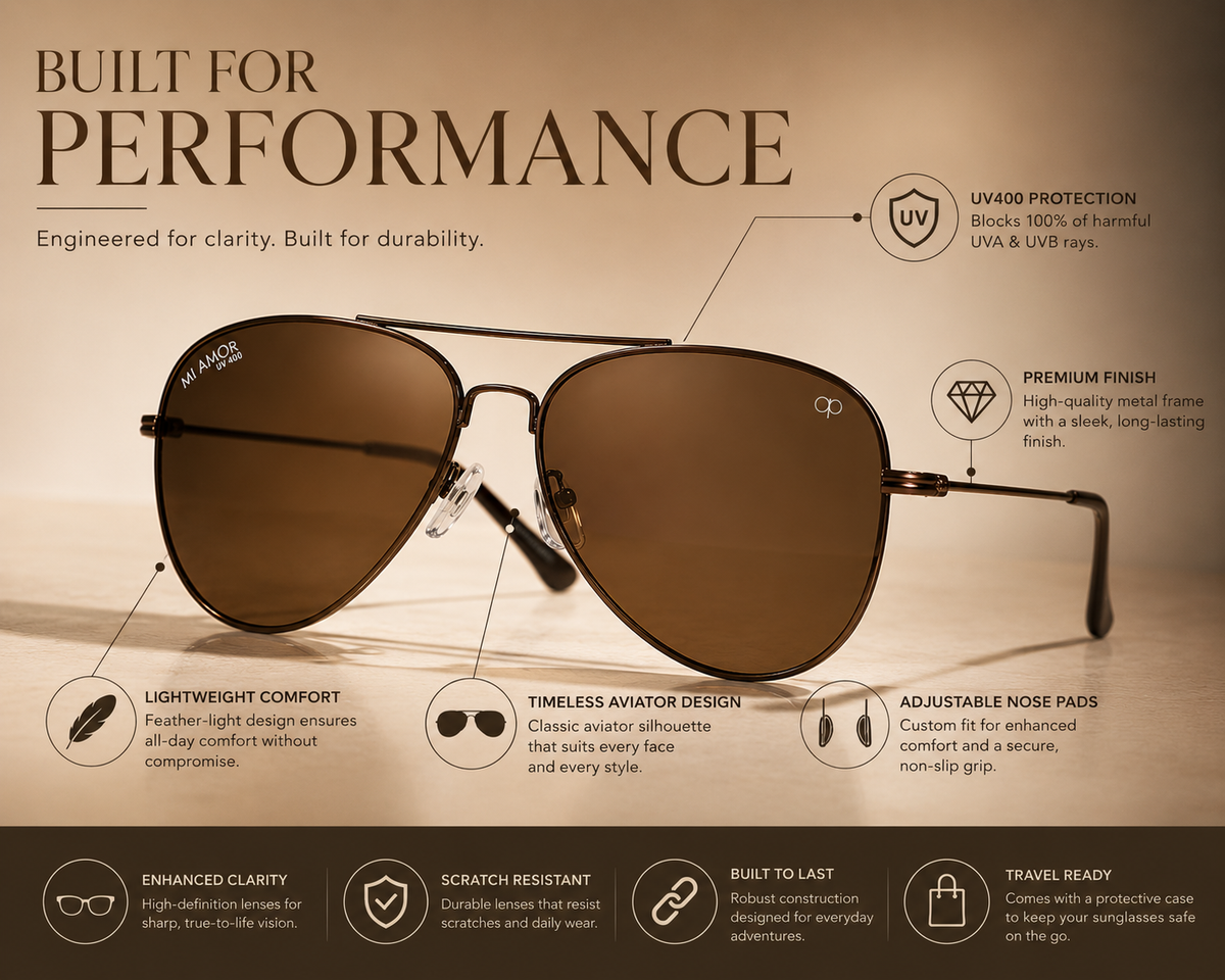 Brown Aviator Sunglasses for Men & Women – UV Protected Brown Lens, Lightweight Metal Frame, Stylish Sunglasses
