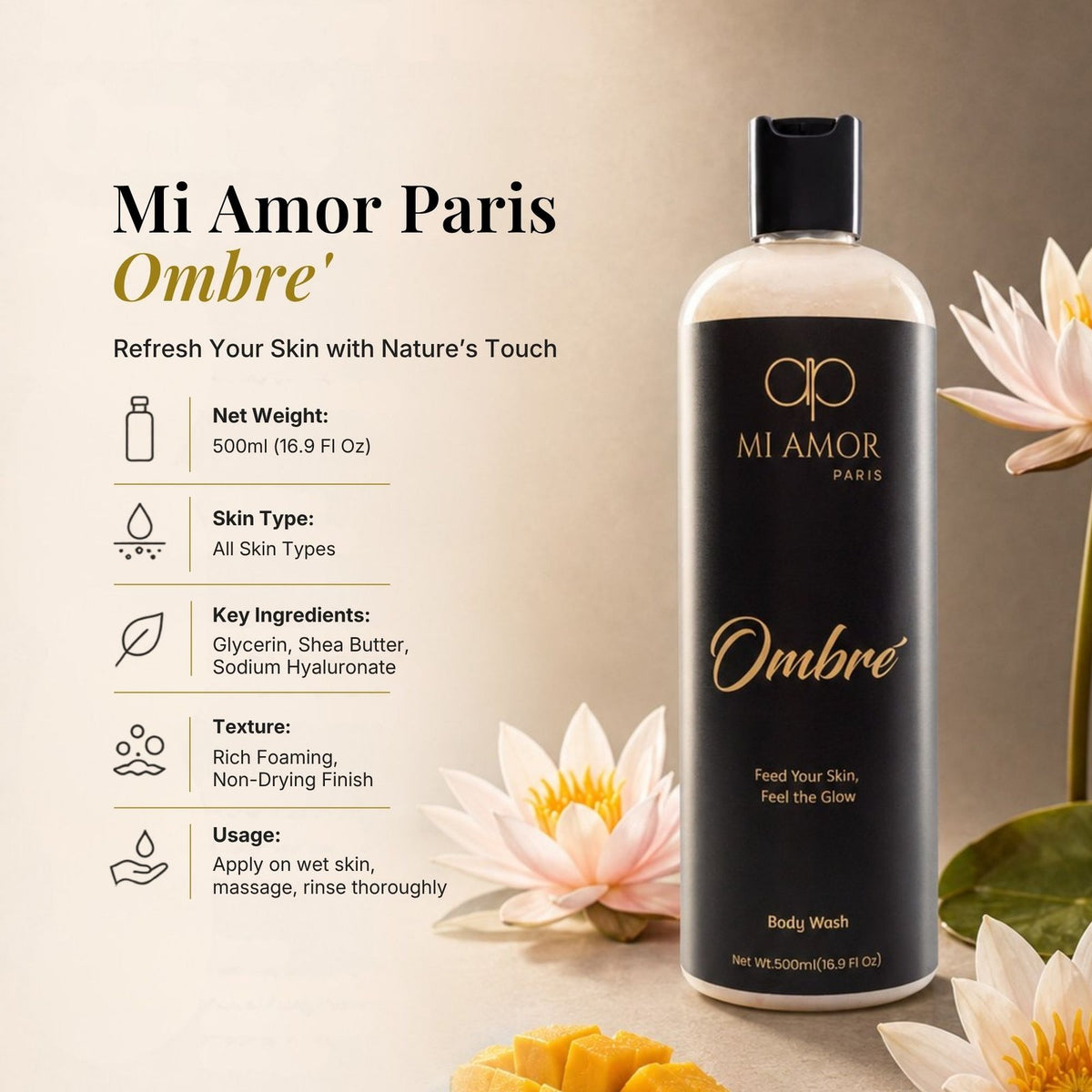 MI AMOR PARIS Ombre Luxury Body Wash For Women | Gentle Cleansing & Skin Conditioning Formula | 500 ml