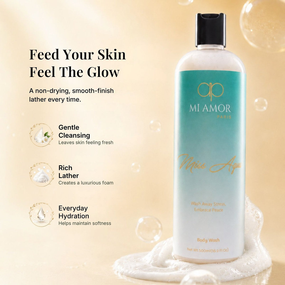 MI AMOR PARIS Miss Aqua Premium Body Wash | Rich Foaming Shower Gel | Soft & Fresh Skin | 500 ml