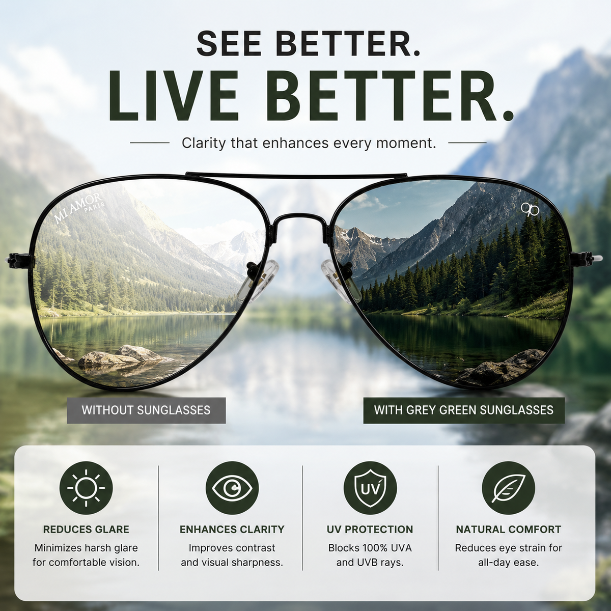Grey Green Aviator Sunglasses for Men & Women – UV Protected Green Lens, Metal Frame, Stylish Sunglasses