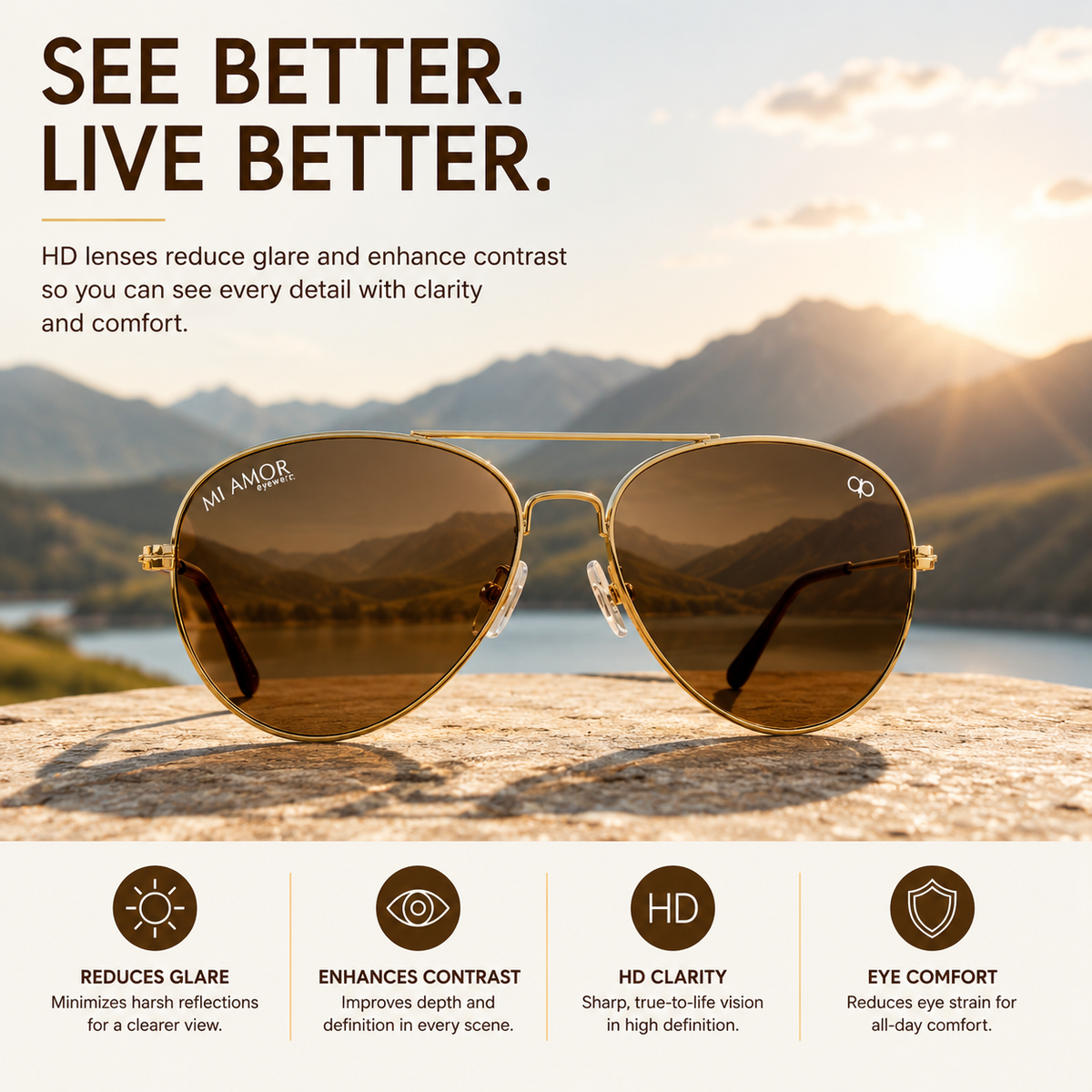 Golden Brown Aviator Sunglasses for Men & Women – UV Protected Brown Lens, Metal Frame, Stylish Sunglasses