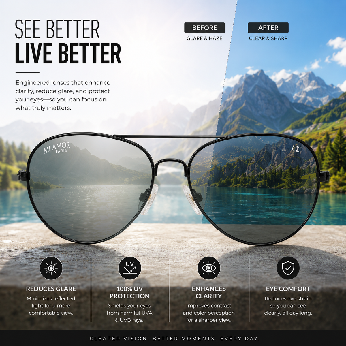 Black Aviator Sunglasses for Men & Women – UV Protected Black Lens, Metal Frame, Stylish Sunglasses