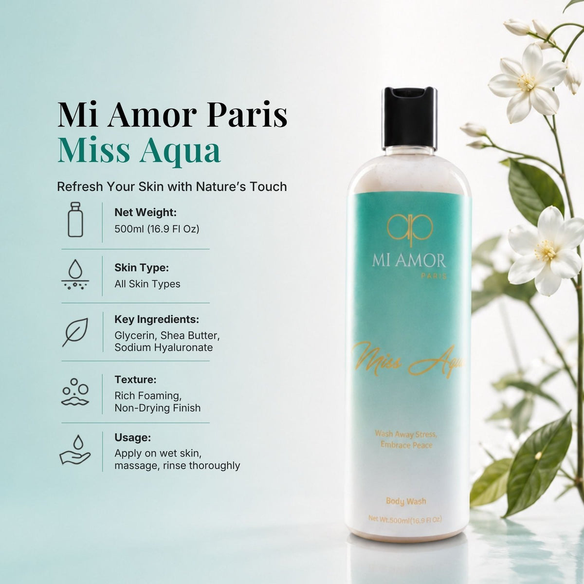 MI AMOR PARIS Miss Aqua Premium Body Wash | Rich Foaming Shower Gel | Soft & Fresh Skin | 500 ml