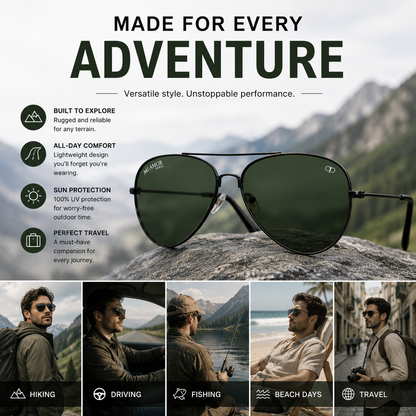 Grey Green Aviator Sunglasses for Men & Women – UV Protected Green Lens, Metal Frame, Stylish Sunglasses