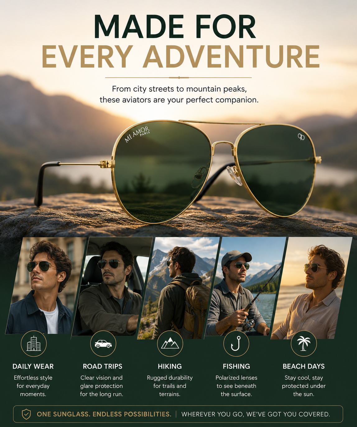 Golden Green Aviator Sunglasses for Men & Women – UV Protected Green Lens, Metal Frame, Stylish Sunglasses