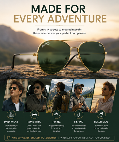 Golden Green Aviator Sunglasses for Men & Women – UV Protected Green Lens, Metal Frame, Stylish Sunglasses