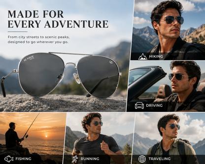 Silver Grey Aviator Sunglasses for Men & Women – UV Protected Grey Lens, Metal Frame, Stylish Sunglasses
