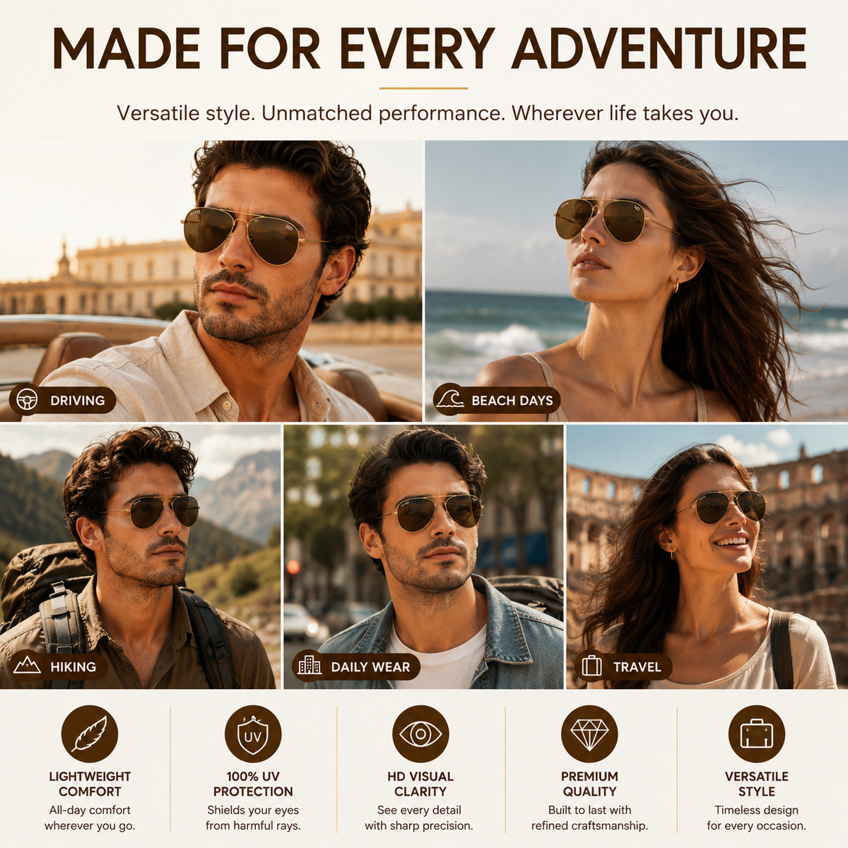 Golden Brown Aviator Sunglasses for Men & Women – UV Protected Brown Lens, Metal Frame, Stylish Sunglasses