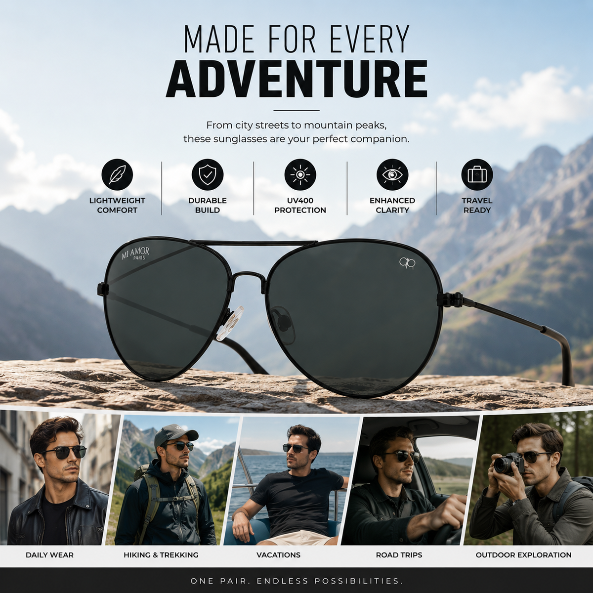 Black Aviator Sunglasses for Men & Women – UV Protected Black Lens, Metal Frame, Stylish Sunglasses