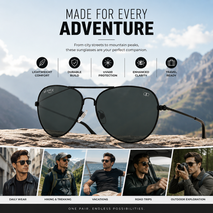 Black Aviator Sunglasses for Men & Women – UV Protected Black Lens, Metal Frame, Stylish Sunglasses