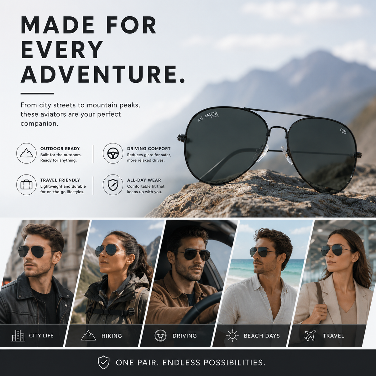 Grey Black Aviator Sunglasses for Men & Women – UV Protected Grey Lens, Metal Frame, Stylish Sunglasses