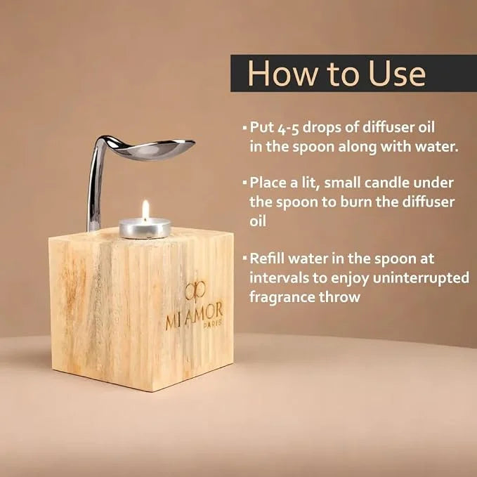 Wooden Aroma Oil Diffuser Burner | Silver Diffuser with Rugged Finish | Includes 2 Tealight Candles | Fragrance Oil Warmer for Home, Office & Spa Use
