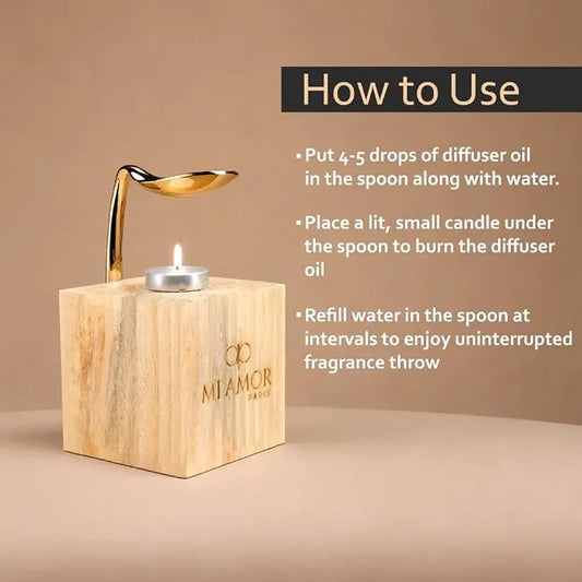 Wooden Aroma Oil Diffuser Burner | Gold Diffuser with Rugged Finish | Includes 2 Tealight Candles | Fragrance Oil Warmer for Home, Office & Spa Use