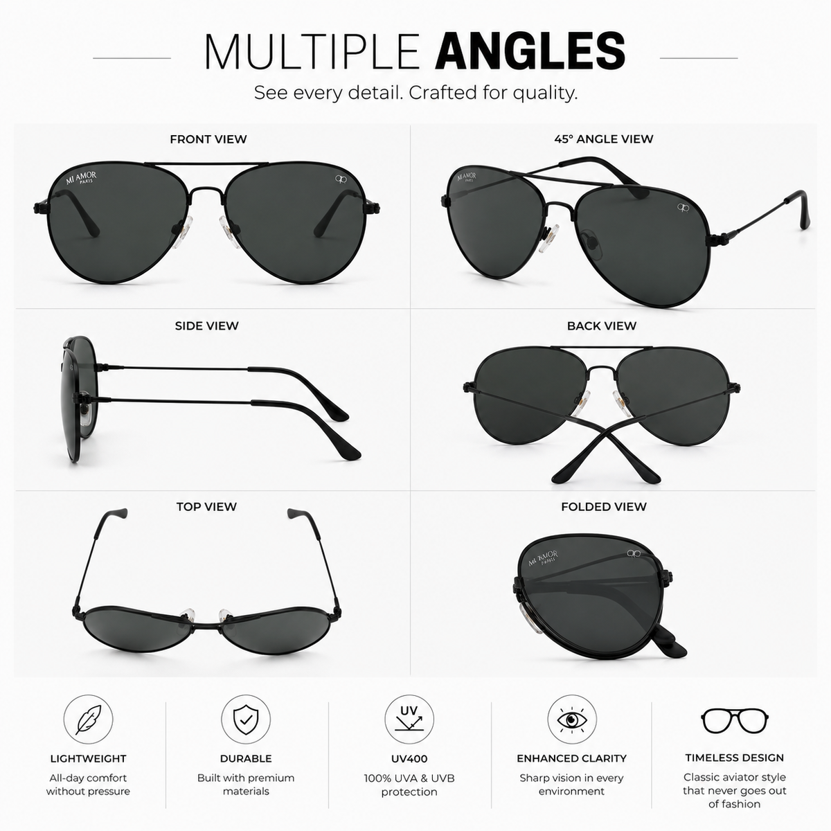 Black Aviator Sunglasses for Men & Women – UV Protected Black Lens, Metal Frame, Stylish Sunglasses