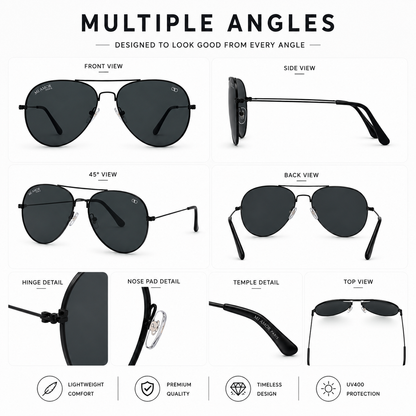 Grey Black Aviator Sunglasses for Men & Women – UV Protected Grey Lens, Metal Frame, Stylish Sunglasses