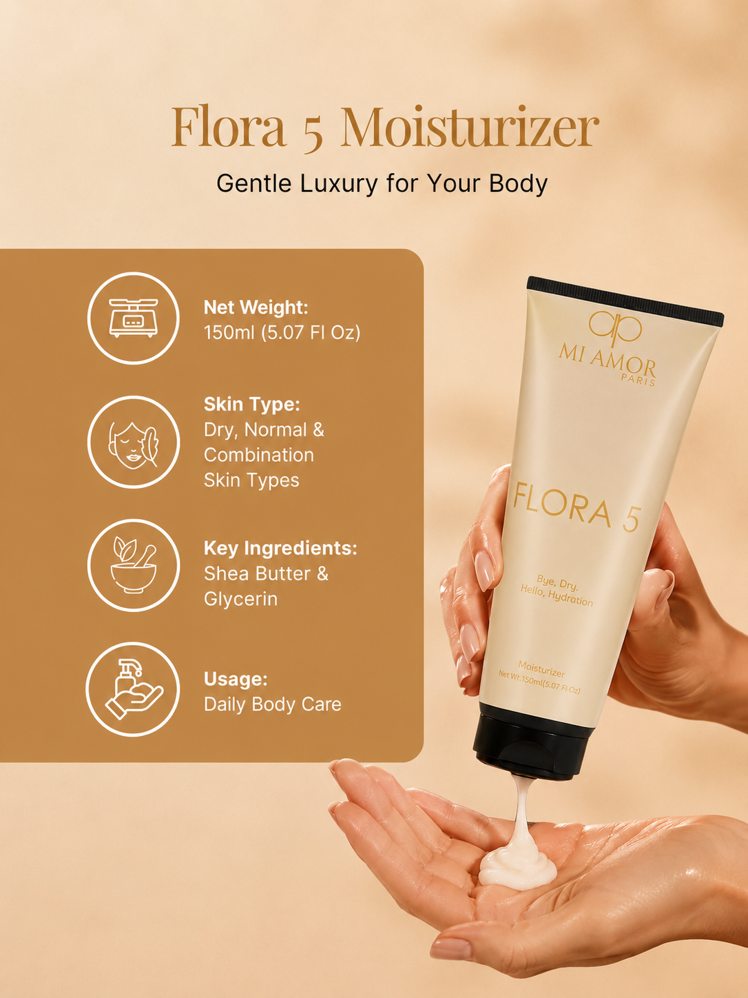 MI AMOR PARIS Flora 5 Women Moisturizing Cream | Lightweight Face, Body & Hand Cream with Shea Butter & Glycerin | 150ml