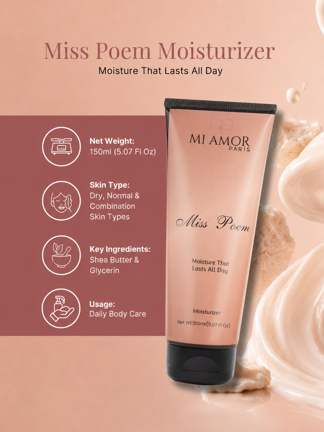 MI AMOR PARIS Miss Poem Women Face, Body & Hand Moisturizing Cream – Daily Hydration with Shea Butter & Glycerin (150ml)