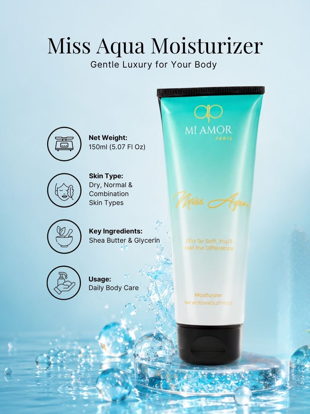 MI AMOR PARIS Miss Aqua Face, Body & Hand Moisturizing Cream for Women | Long-Lasting Hydration with Shea Butter & Glycerin (150ml)