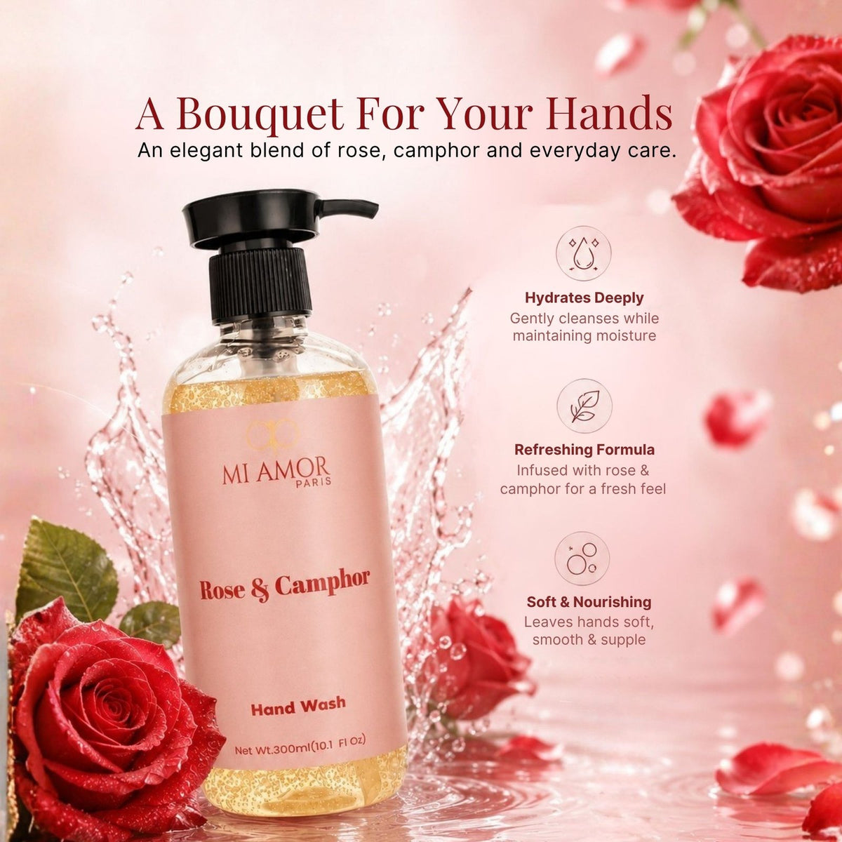 Rose & Camphor Moisturising Liquid Hand Wash | Premium Foaming Hand Soap | Hydrating & Moisture Lock Formula | Long-Lasting Floral Fragrance | 300 ml