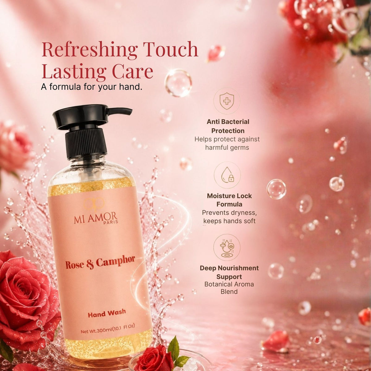Rose & Camphor Moisturising Liquid Hand Wash | Premium Foaming Hand Soap | Hydrating & Moisture Lock Formula | Long-Lasting Floral Fragrance | 300 ml