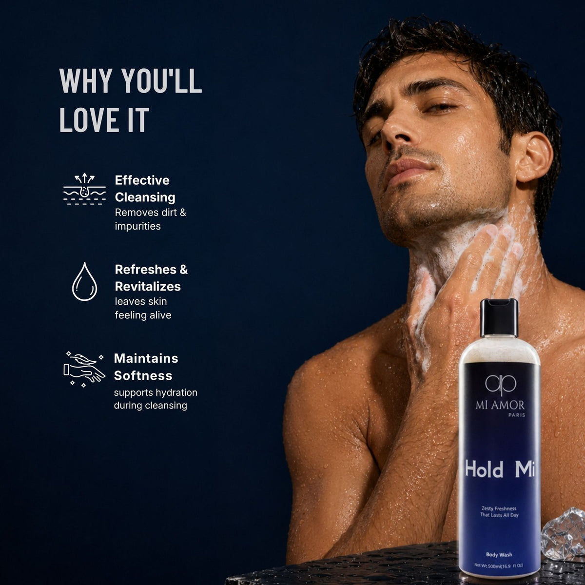 MI AMOR PARIS Hold MI Hydrating Body Wash for Men | Glycerin, Shea Butter & Sodium Hyaluronate | 500 ml