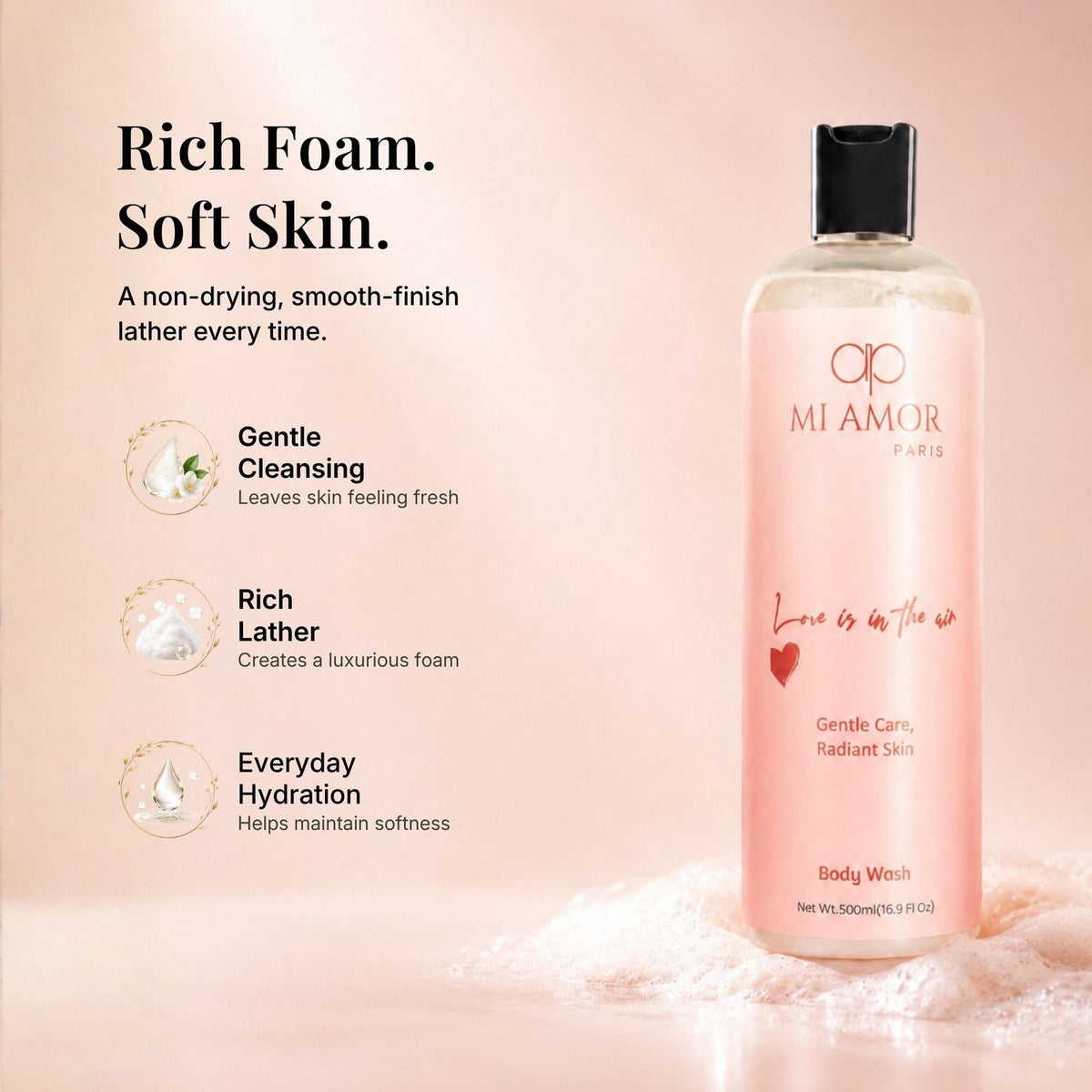 MI AMOR PARIS Love Is In The Air Body Wash for Women | Glycerin, Shea Butter & Sodium Hyaluronate | 500 ml