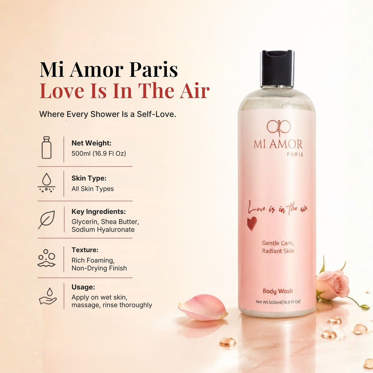MI AMOR PARIS Love Is In The Air Body Wash for Women | Glycerin, Shea Butter & Sodium Hyaluronate | 500 ml