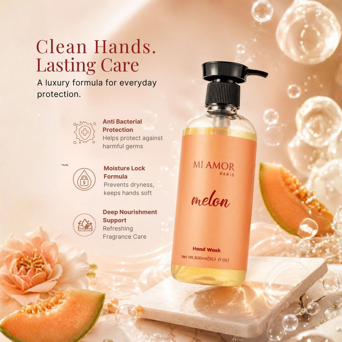 Melon Moisturising Liquid Handwash | Safe for All Skin Types | Moisture Lock Formula | Refreshing Long Lasting Fragrance | Gentle Daily Hand Wash | 300 ml