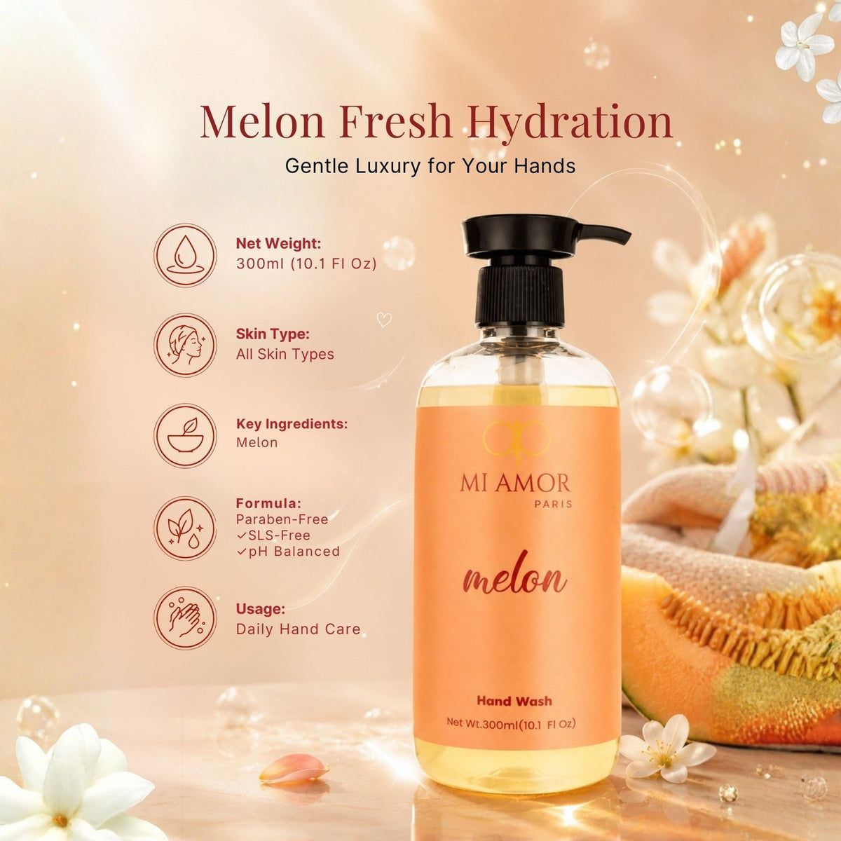 Melon Moisturising Liquid Handwash | Safe for All Skin Types | Moisture Lock Formula | Refreshing Long Lasting Fragrance | Gentle Daily Hand Wash | 300 ml