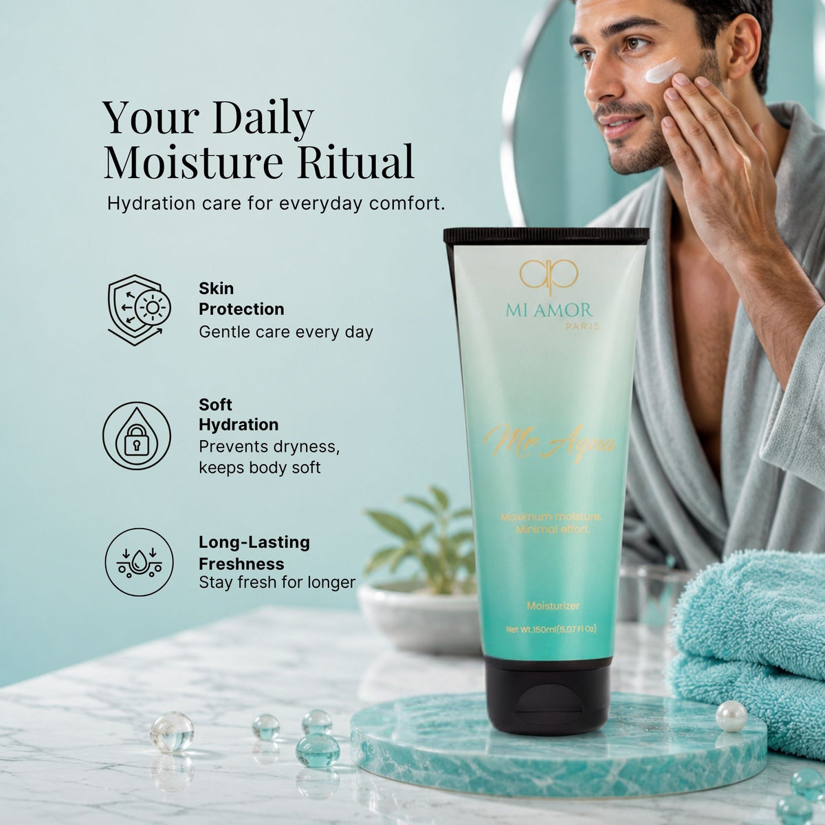 MI AMOR PARIS Mr Aqua Moisturizing Cream for Men | Face & Body Hydrating Cream with Shea Butter & Glycerin – 150ml