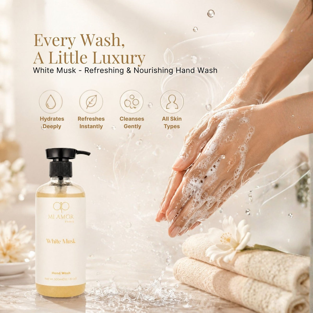 White Musk Moisturising Liquid Hand Wash | Luxury Foaming Hand Soap | Gentle Hand Wash for Sensitive Skin | Kitchen & Bathroom Hand Wash | 300 ml