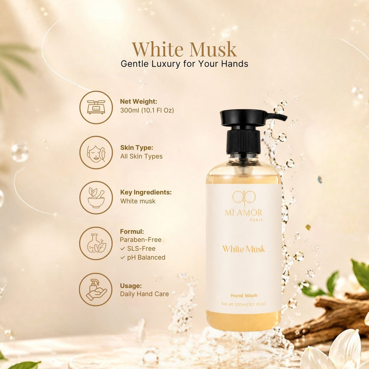White Musk Moisturising Liquid Hand Wash | Luxury Foaming Hand Soap | Gentle Hand Wash for Sensitive Skin | Kitchen & Bathroom Hand Wash | 300 ml