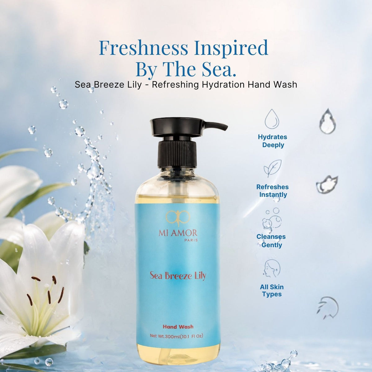 Sea Breeze Lily Moisturising Liquid Hand Wash | Premium Foaming Hand Soap | Long-Lasting Fresh Fragrance | Gentle Hand Wash for Sensitive Skin | Liquid Hand Soap for Kitchen & Bathroom | 300 ml