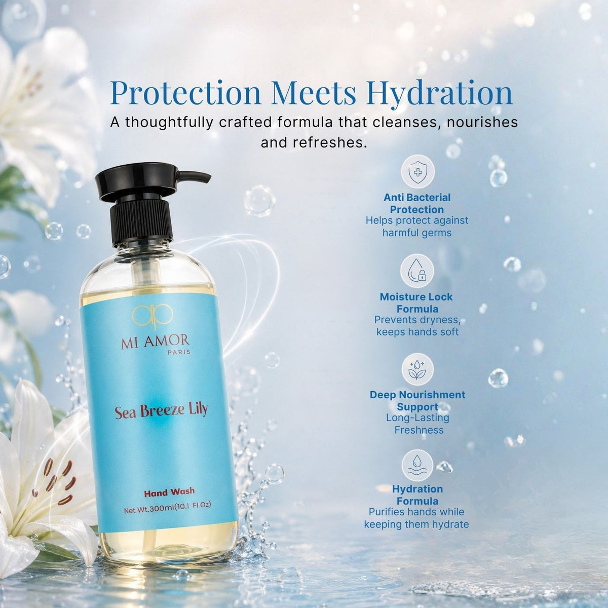 Sea Breeze Lily Moisturising Liquid Hand Wash | Premium Foaming Hand Soap | Long-Lasting Fresh Fragrance | Gentle Hand Wash for Sensitive Skin | Liquid Hand Soap for Kitchen & Bathroom | 300 ml