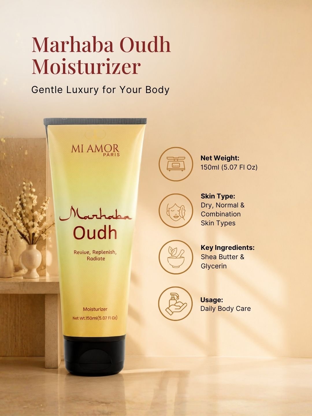 MI AMOR PARIS Marhaba Oudh Men Moisturizing Cream | Face & Body Daily Moisturizer with Shea Butter & Glycerin | 150ml - Image 8