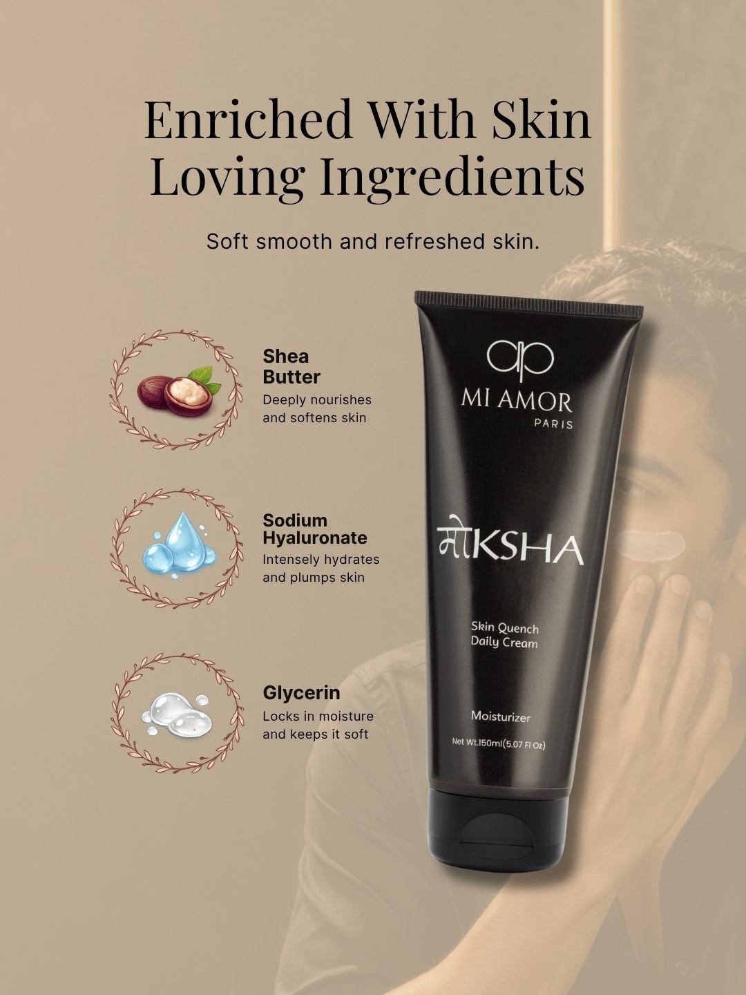 MI AMOR PARIS Moksha Men Face & Body Moisturizer | Intensive Hydration Cream with Shea Butter & Glycerin | 150ml - Image 4