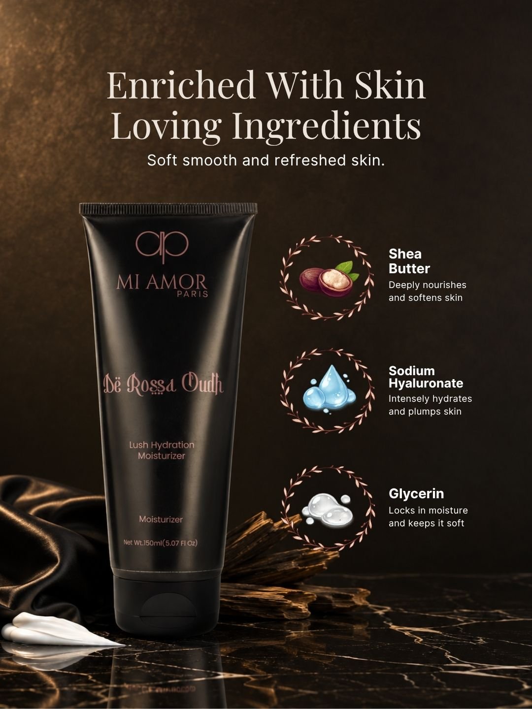 MI AMOR PARIS De Rossa Oudh Men Face & Body Moisturizing Cream – Daily Hydration with Shea Butter & Glycerin (150ml) - Image 4