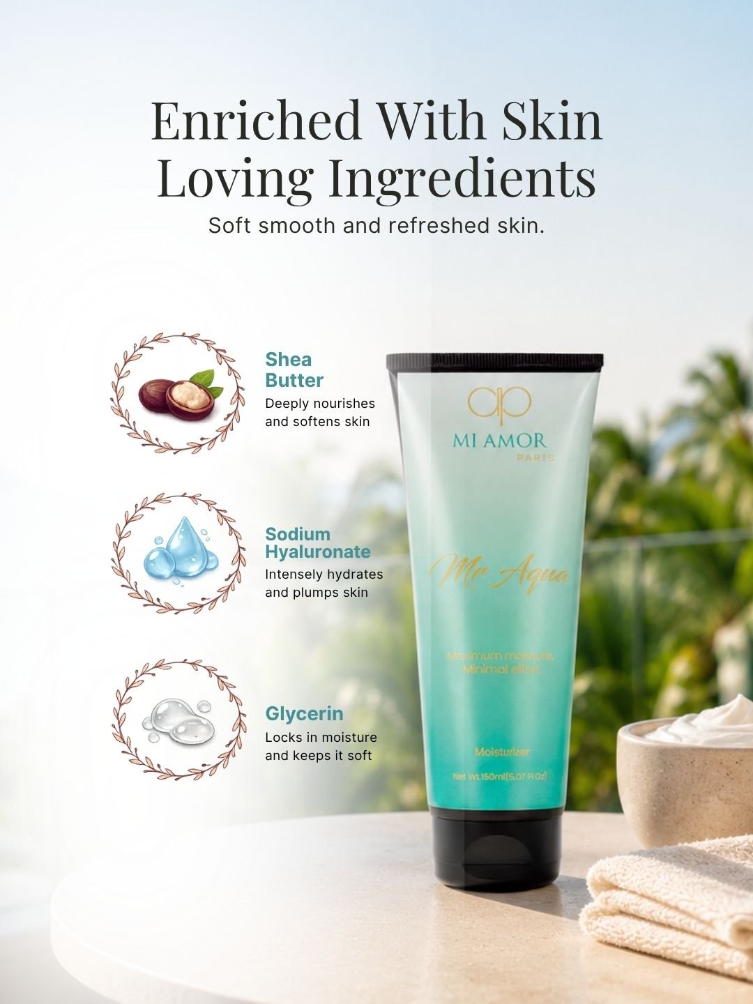 MI AMOR PARIS Mr Aqua Moisturizing Cream for Men | Face & Body Hydrating Cream with Shea Butter & Glycerin – 150ml - Image 3